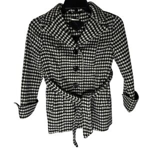JouJou Houndstooth Wool Blend‎ Belted Pea Coat Kids Black White Patterned